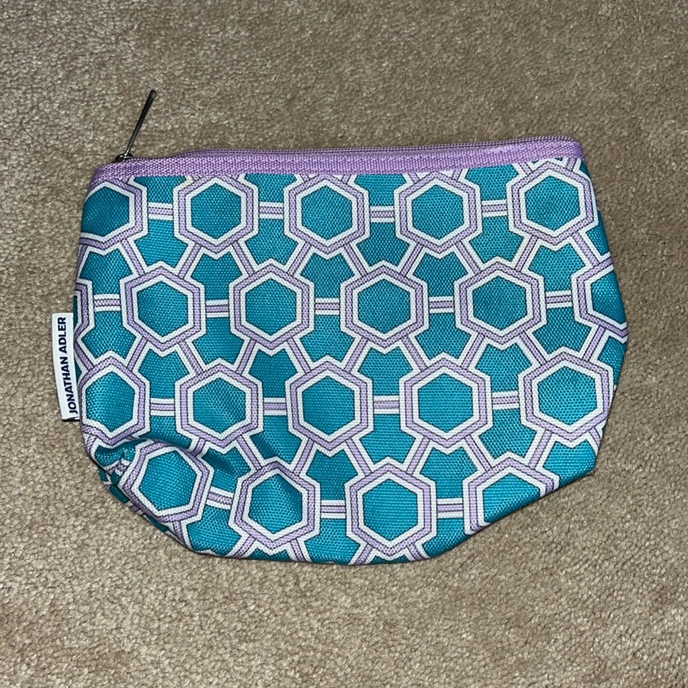 CLINIQUE CANVAS MAKEUP COSMETIC BAG TEAL PURPLE WHITE HEXAGON JONATHAN ADLER